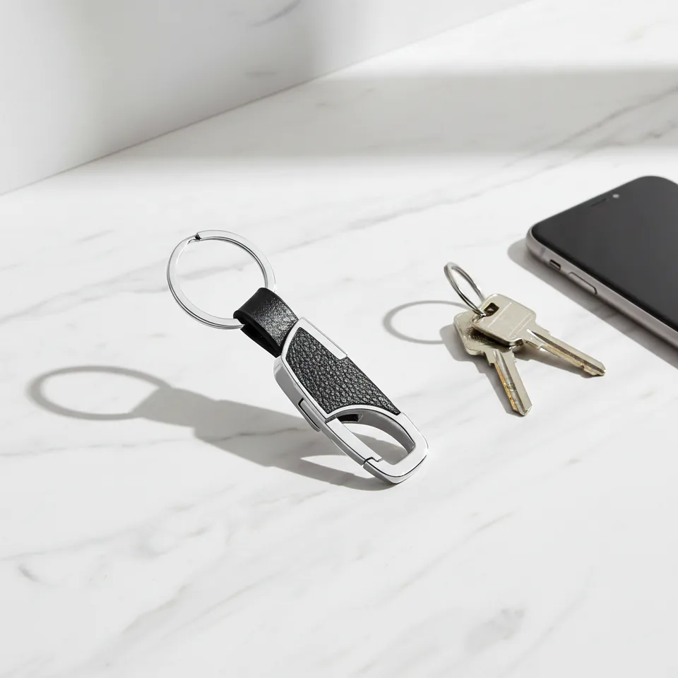 Black textured keychain with silver-tone trim, an oval clip, and a split ring.