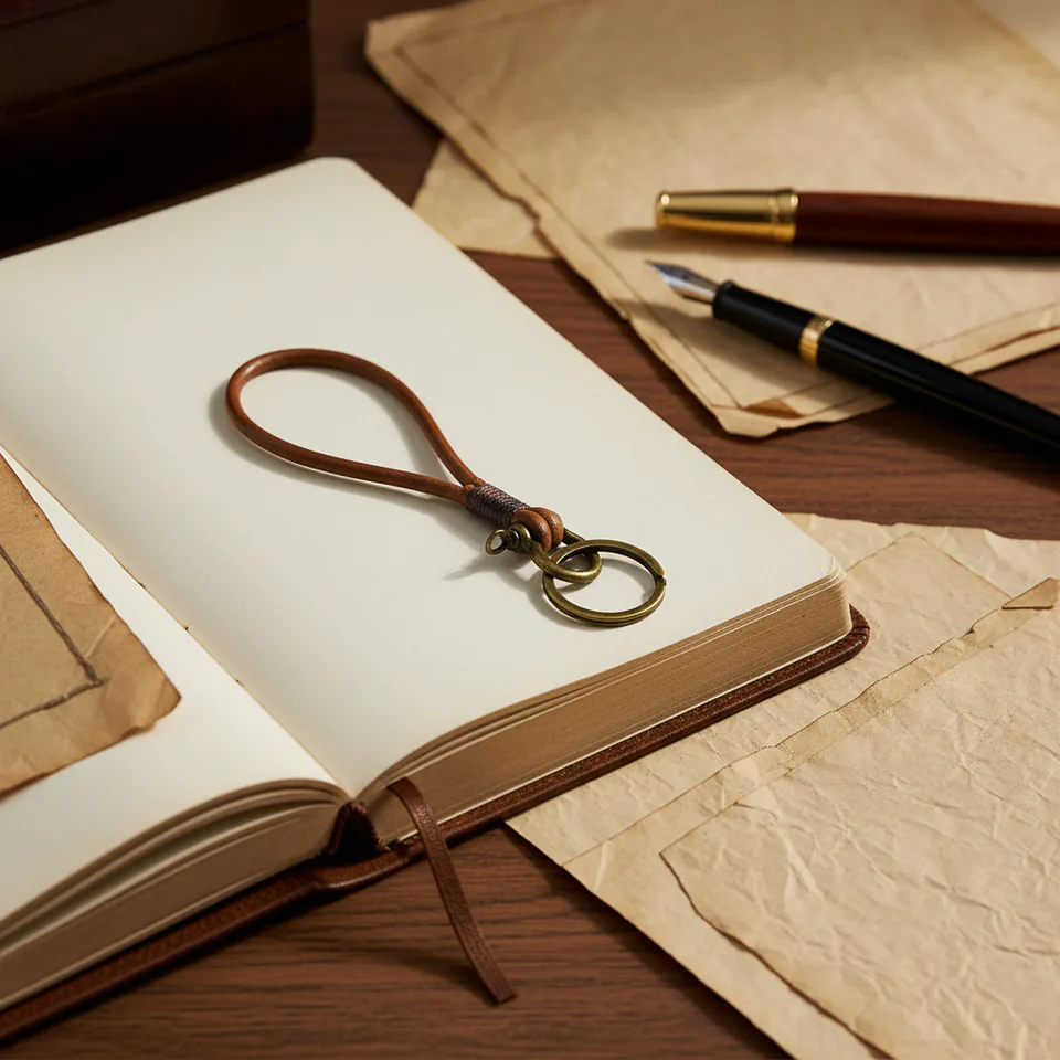 Brown cord wrist keychain shown at an angle, with a wrapped join and bronze-tone rings.