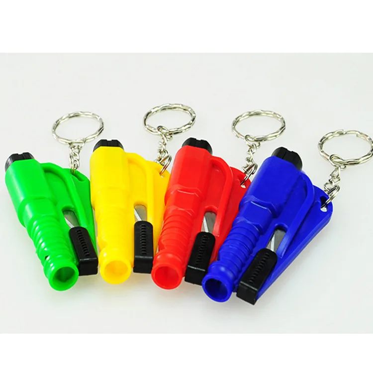 Compact car escape tool keychains in green, yellow, red, and blue.