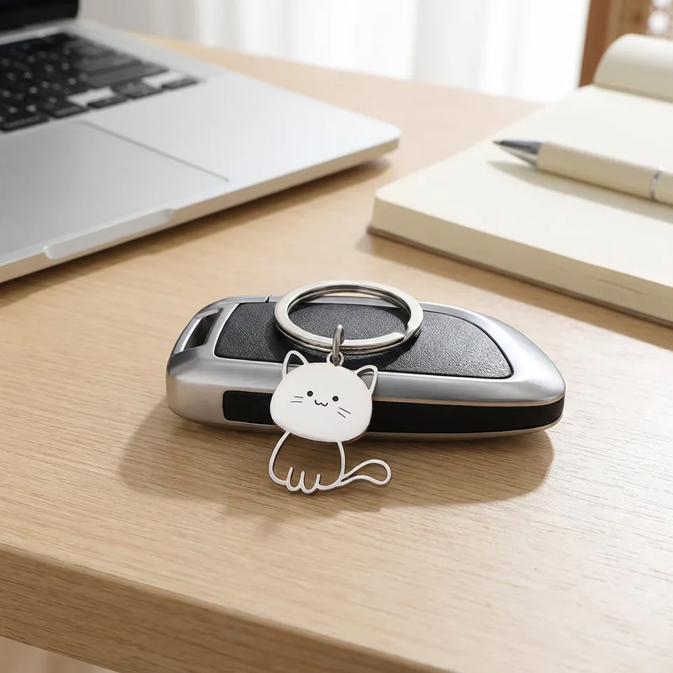 Silver-tone cat outline keychain resting on a car key fob.