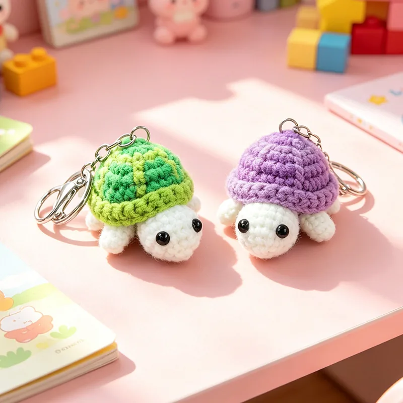 Green and purple crochet turtle keychains with cream bodies and silver-tone split rings.
