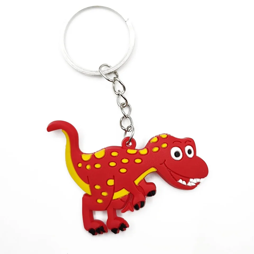 Red dinosaur keychain with yellow spots, black claws, and a silver-tone ring.