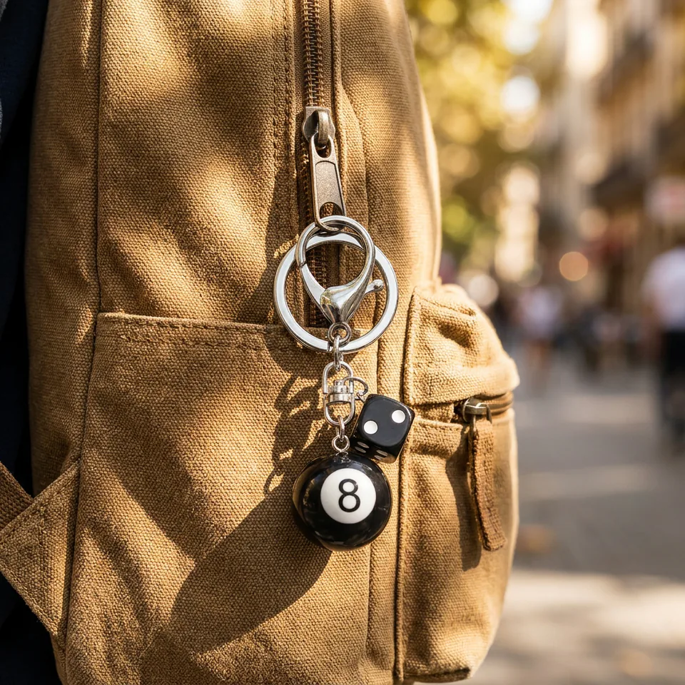 Black eight-ball and dice keychain attached to a bag zipper.