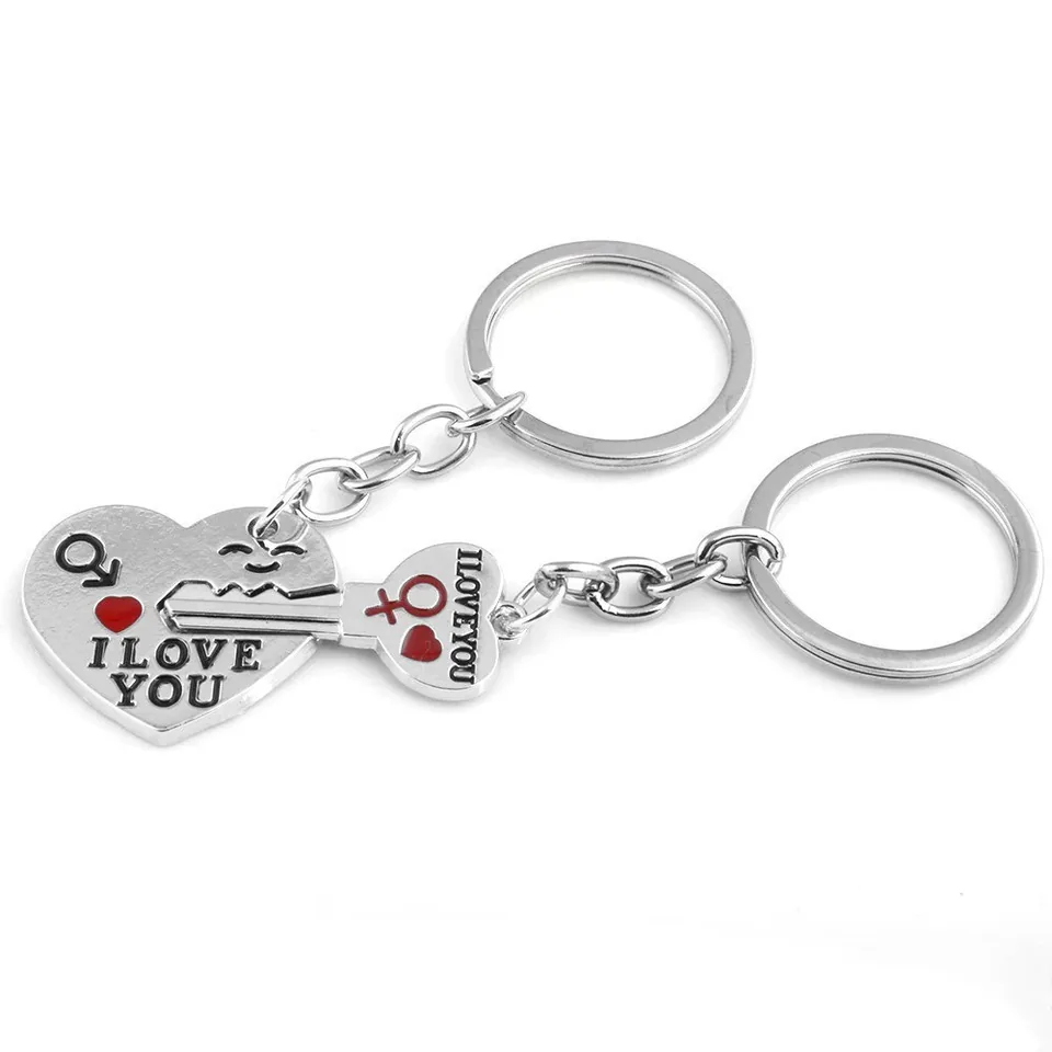 Silver-tone heart and key keychains with red hearts and “I LOVE YOU” lettering.