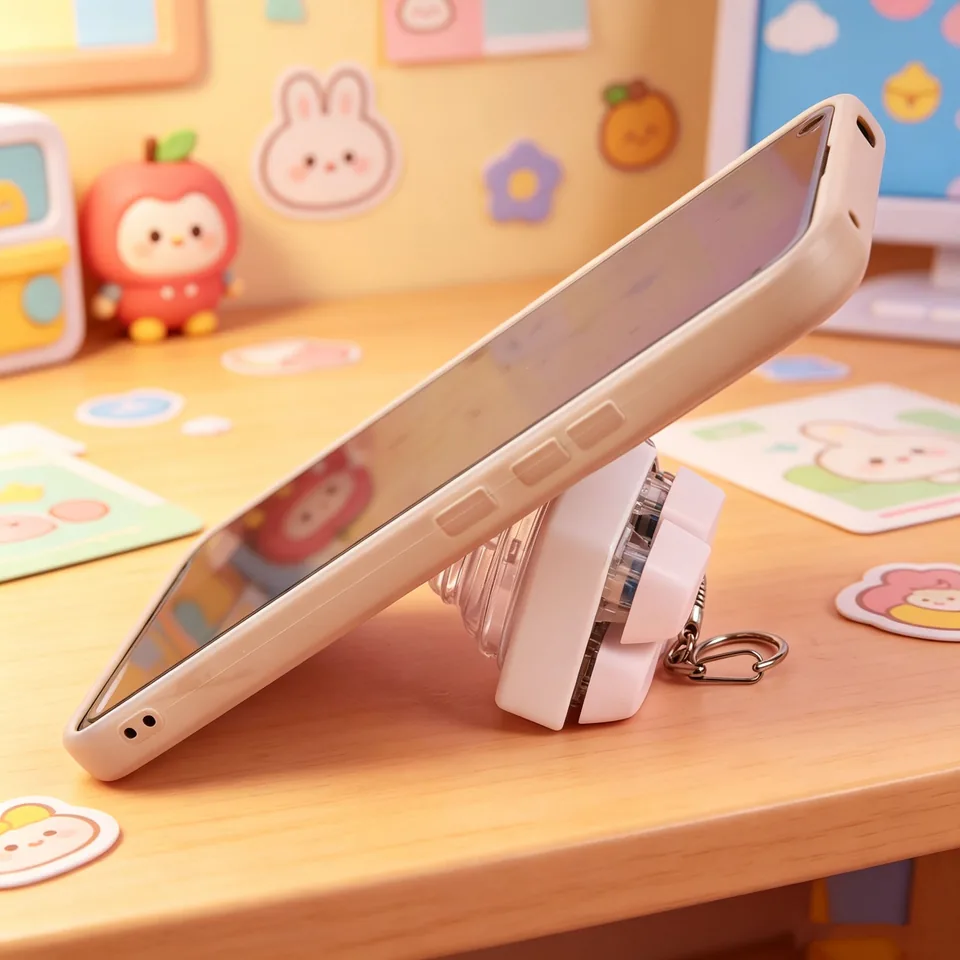 Pink keyboard keychain used as a stand to hold a phone at an angle.