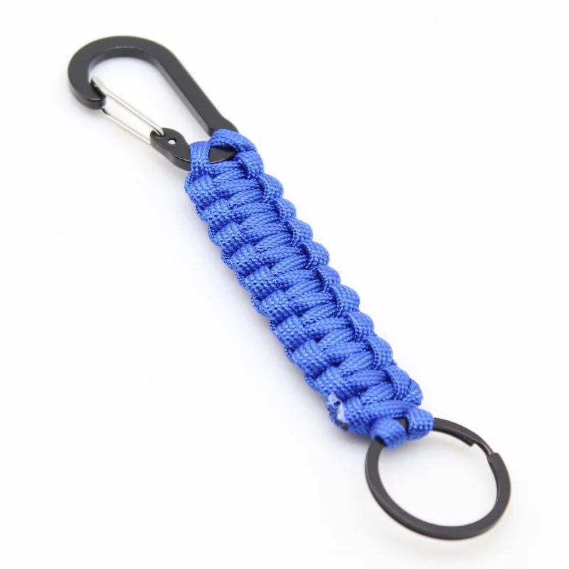Blue braided cord keychain with a black clip and split ring.