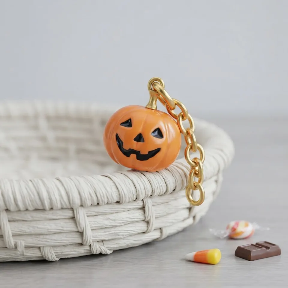 Orange jack-o’-lantern keychain with a gold-tone chain.