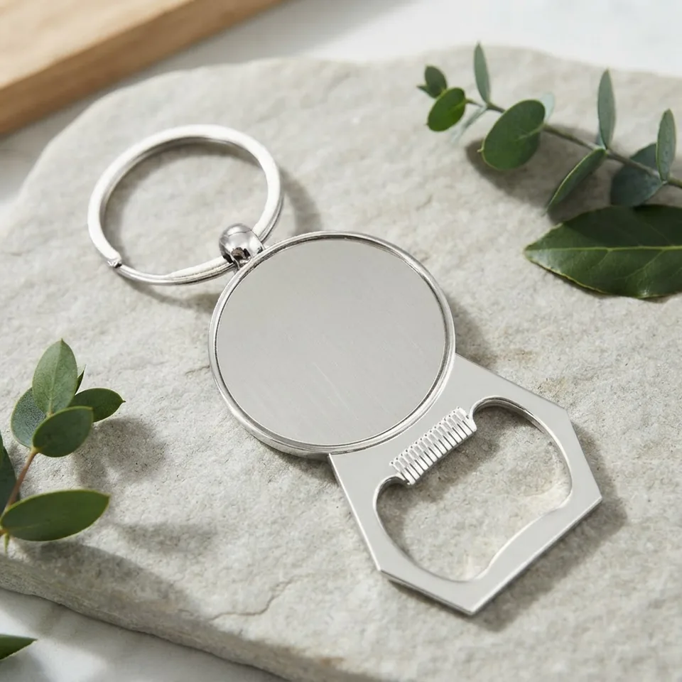 Silver-tone bottle opener keychain with a blank round panel and a rectangular opening.