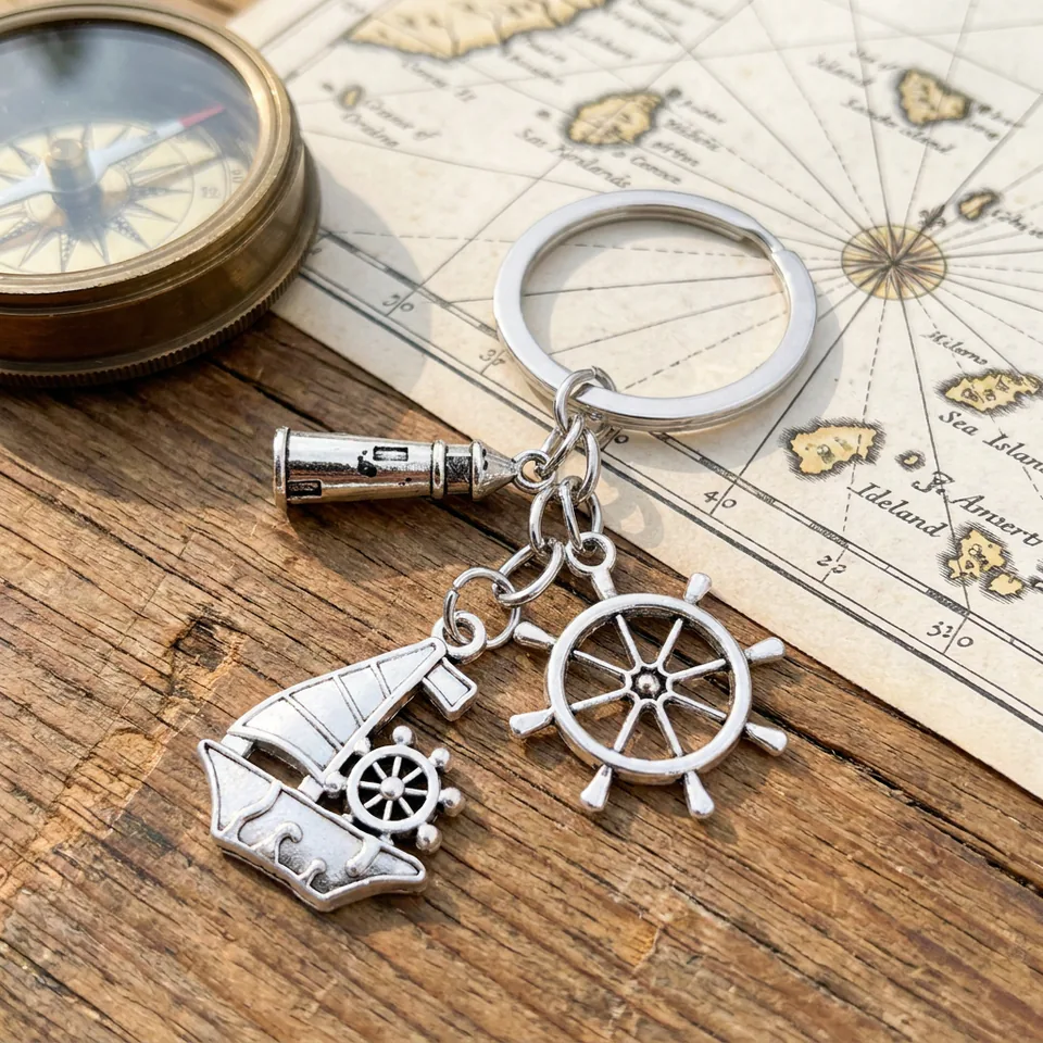 Silver-tone sailboat, ship's wheel, and telescope keychain shown at an angle.