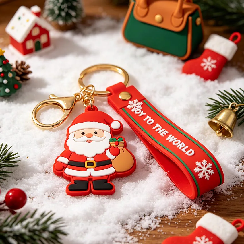 Santa keychain with a red wrist strap reading "JOY TO THE WORLD" and green trim.