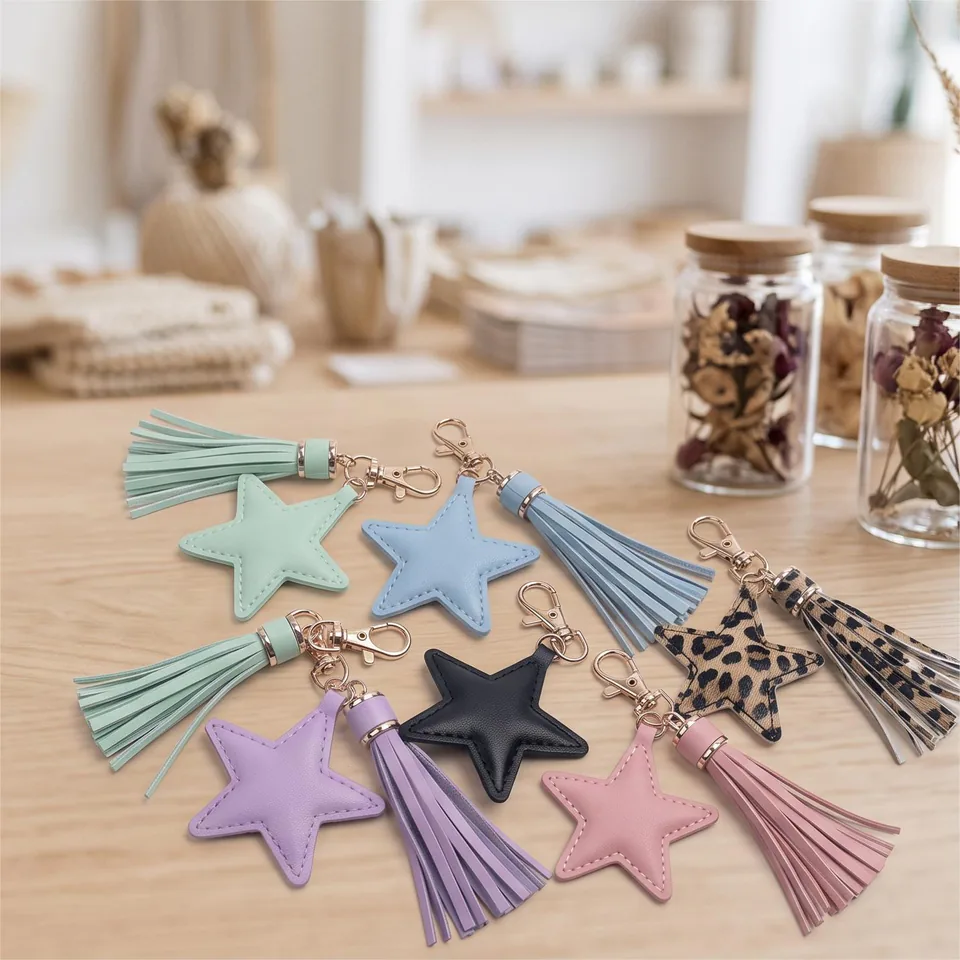 Six star keychains with matching tassels in pastel colors, black, and a leopard print.