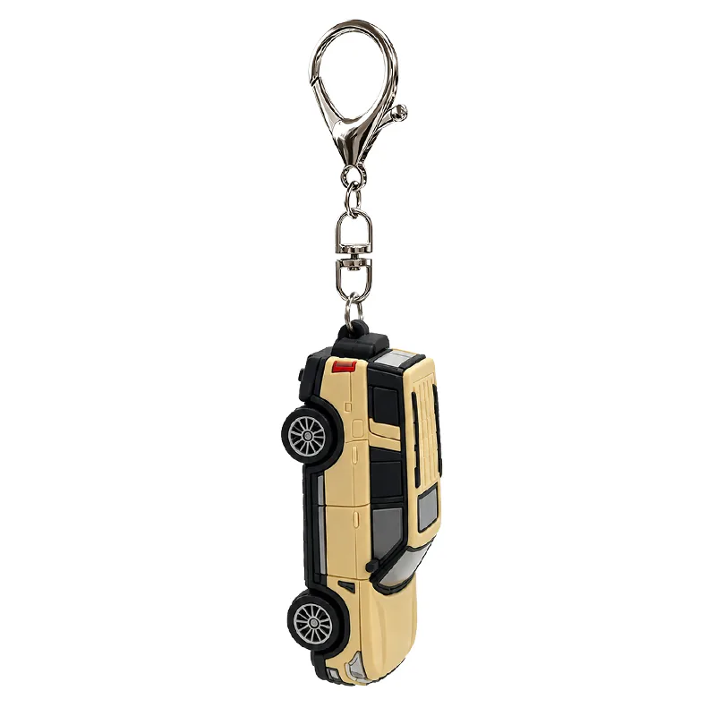 Yellow SUV keychain with a black roof, black wheels, and a silver-tone clasp.