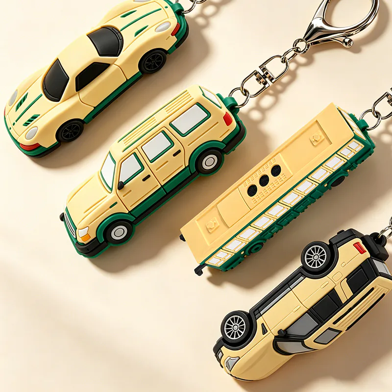 Yellow vehicle keychains in SUV, sports car, and train designs.