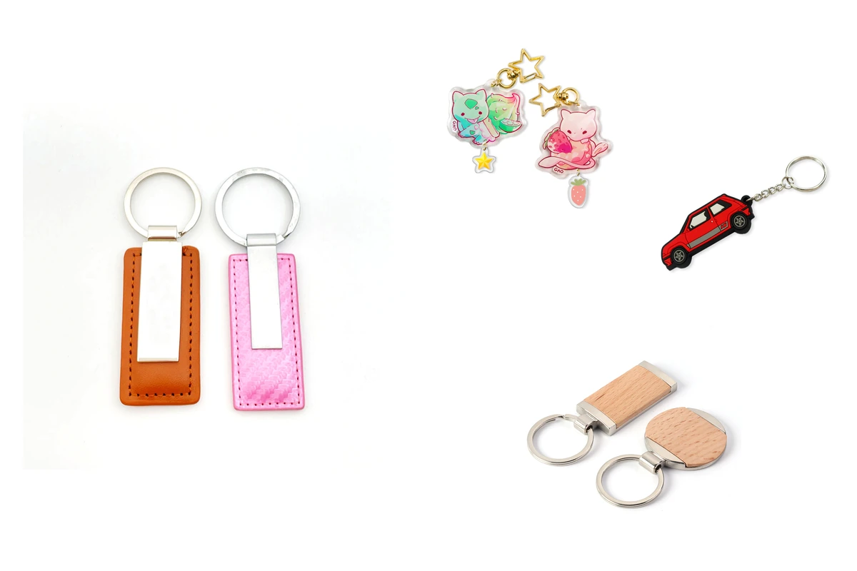Orange and pink stitched key fobs, colorful character charms, a red car keychain, and wooden tags.