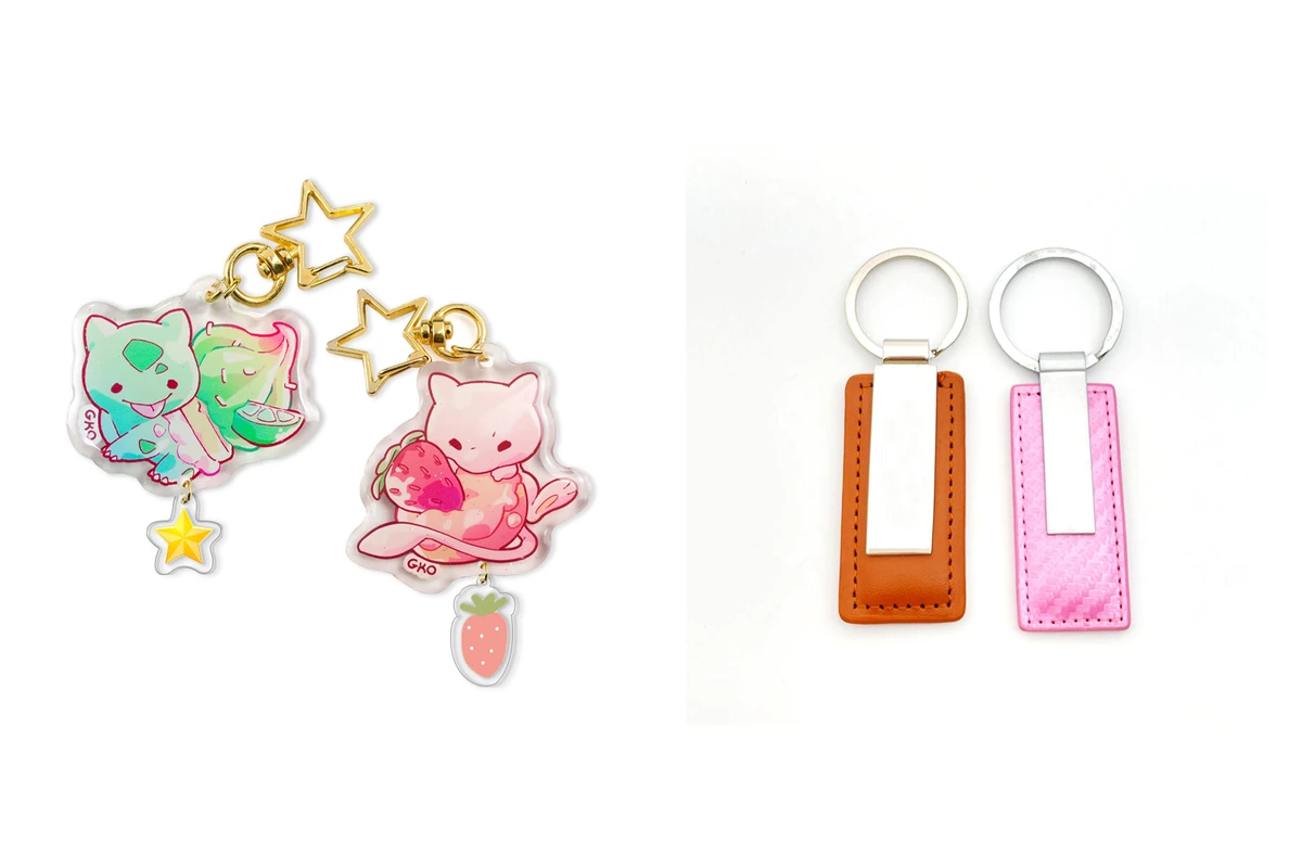 Colorful character charms with star-shaped clasps beside orange and pink stitched key fobs.