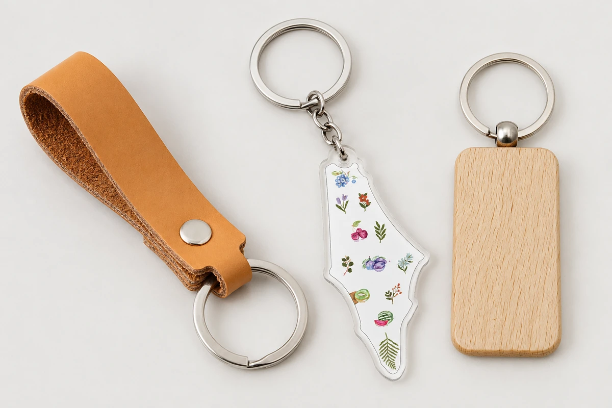 A tan riveted leather loop, a clear floral acrylic charm and a plain rectangular wooden keychain with silver-colored rings.