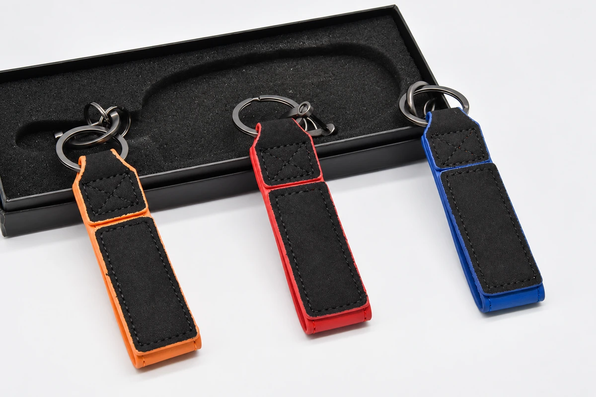 Three black stitched leather key straps with orange, red and blue edges beside a black foam-lined presentation tray.