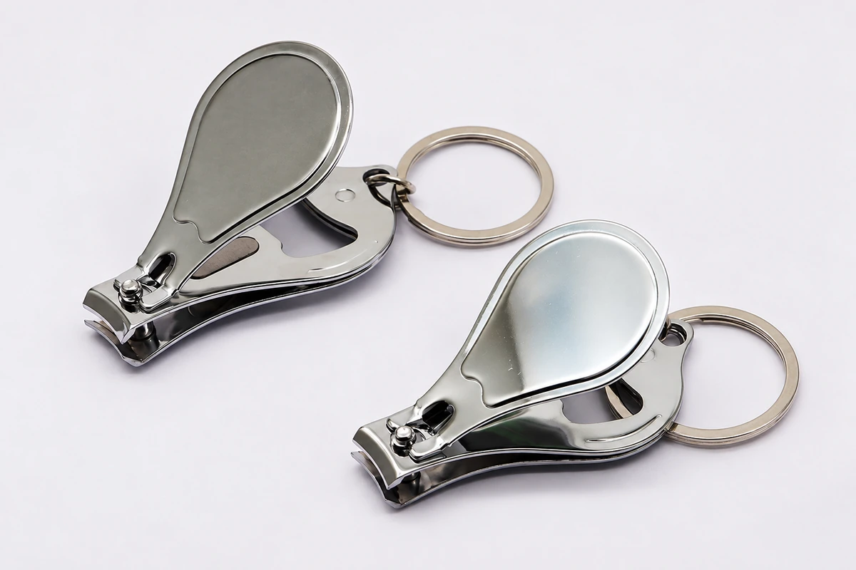 Two unprinted polished metal nail-clipper keychains with raised levers, opener cutouts and split rings.