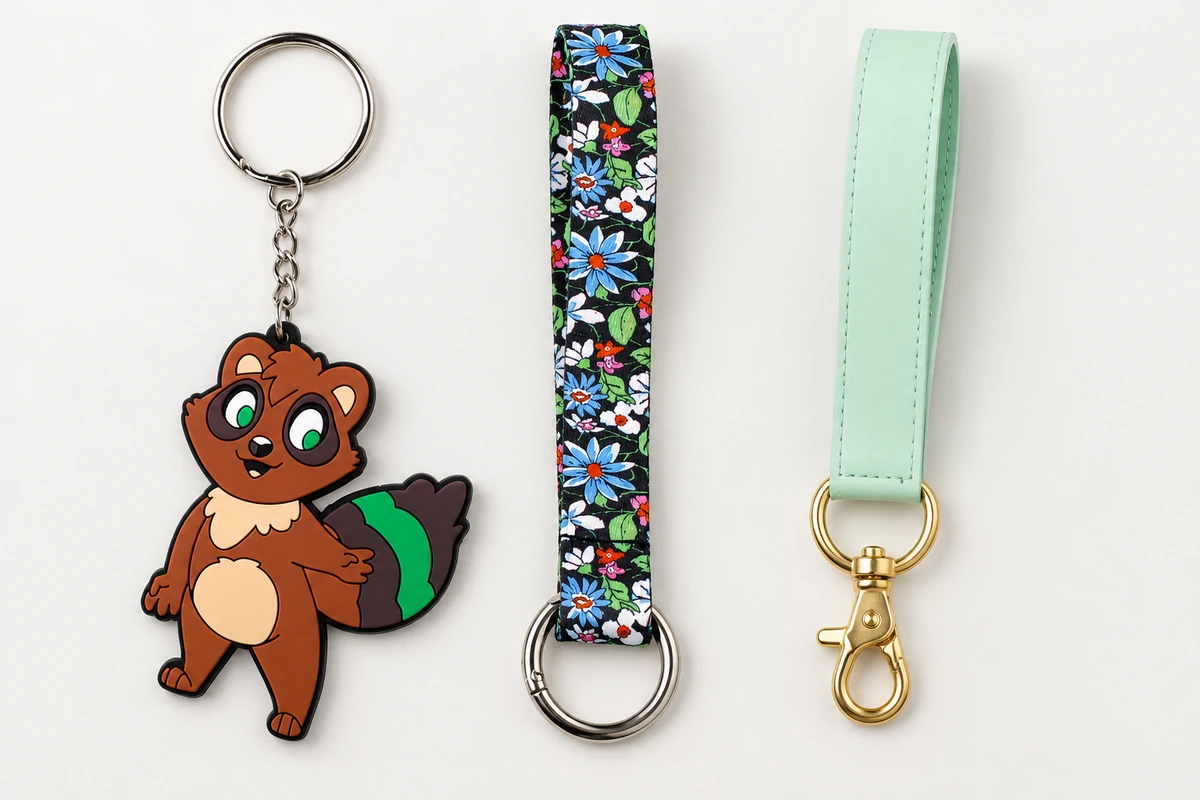 A brown raccoon character keychain, a black floral fabric strap and a mint leather loop with a gold-colored clip.